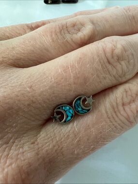 Turquoise Crescent & Star Sterling Silver Stud Earrings